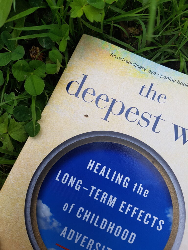 Photo of the book with an ant crawling on it outside.