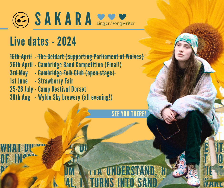 A list of gigs including strawberry fair on June first, and Wylde Sky brewery on august 30th are laid out next to a photo of sakara and some sunflowers.